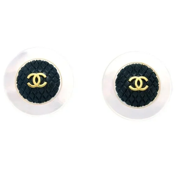 Chanel White Black Button Shell Earrings Clip-On - Picture 1 of 4